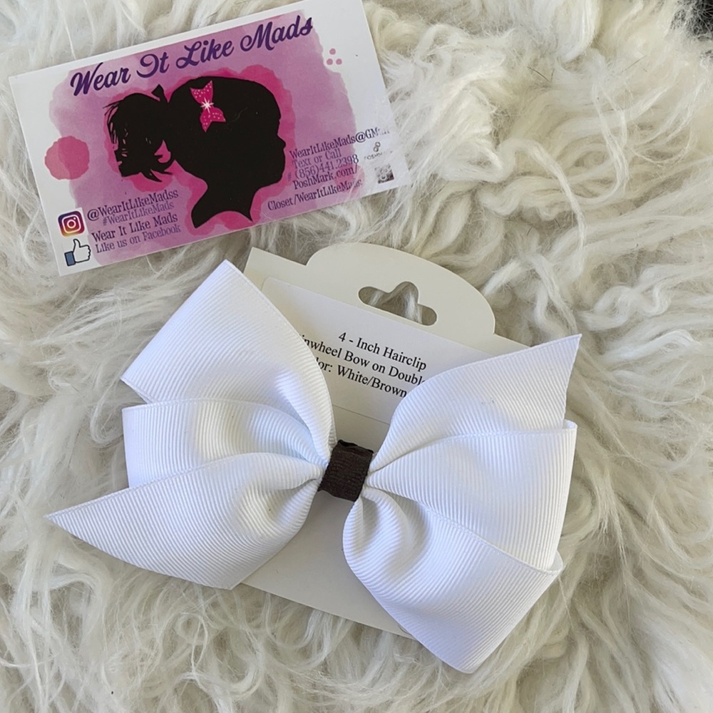 Boutique Handmade Clip Hair Bow White with Green